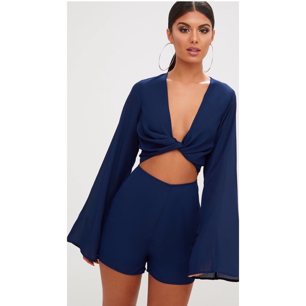 PrettyLittleThing Navy Bell Sleeve Romper